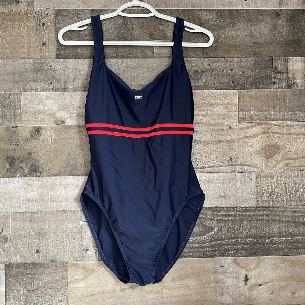 Vintage St. Johns Bay One Piece Swimsuit Womens Size 14 Navy Blue Red Stripe